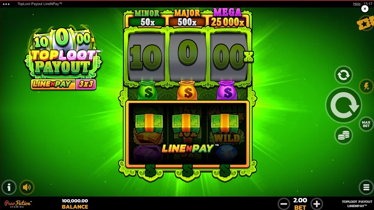 Interface do jogo de slot TopLoot Payout LineNPay com símbolos de tesouro e design dourado